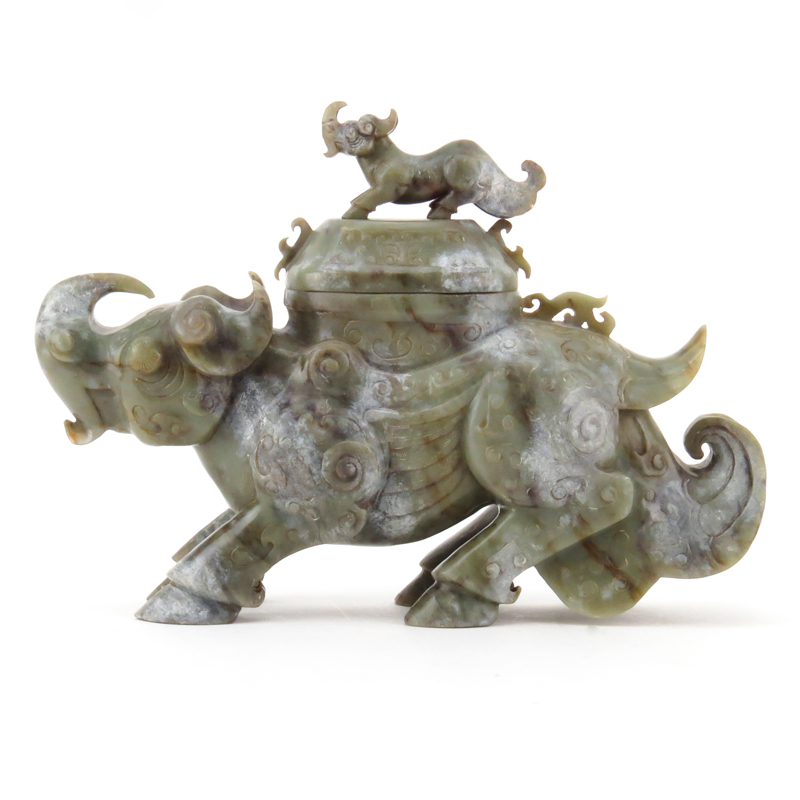 Antique Chinese Carved Hardstone Jade Figural Rhinoceros Censer