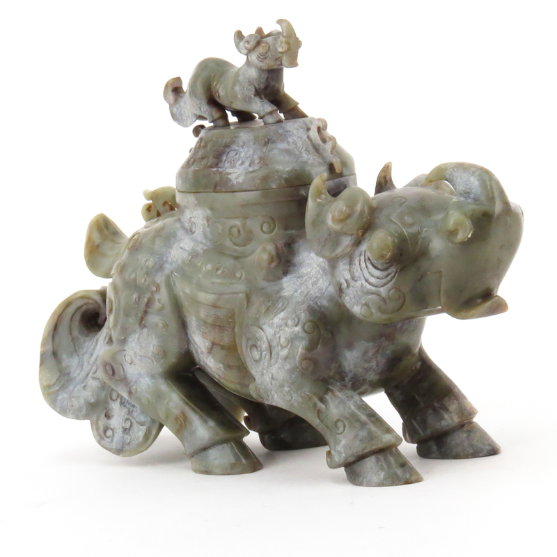 Antique Chinese Carved Hardstone Jade Figural Rhinoceros Censer
