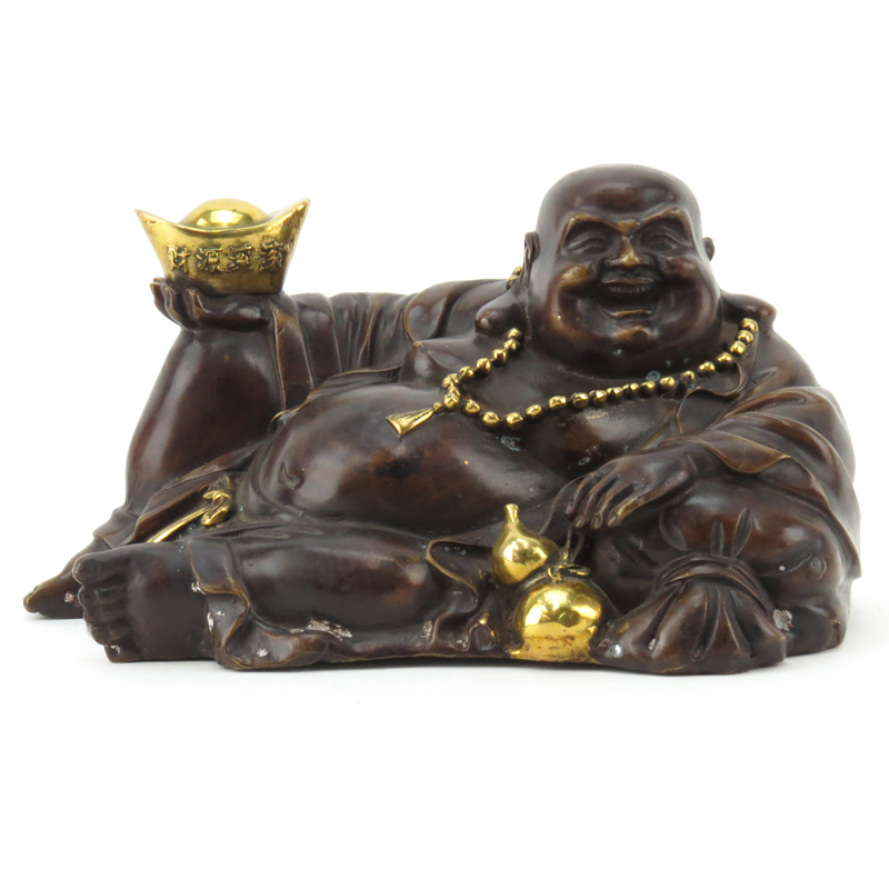 Chinese Bronze Reclining Buddha With Gilt Highlights