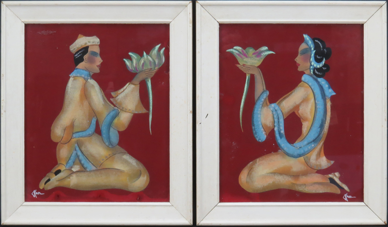 Gustave Kaitz, American  (1913 - 1992) Pair Watercolor and pastel on paper "Asian Figures With Flowers"