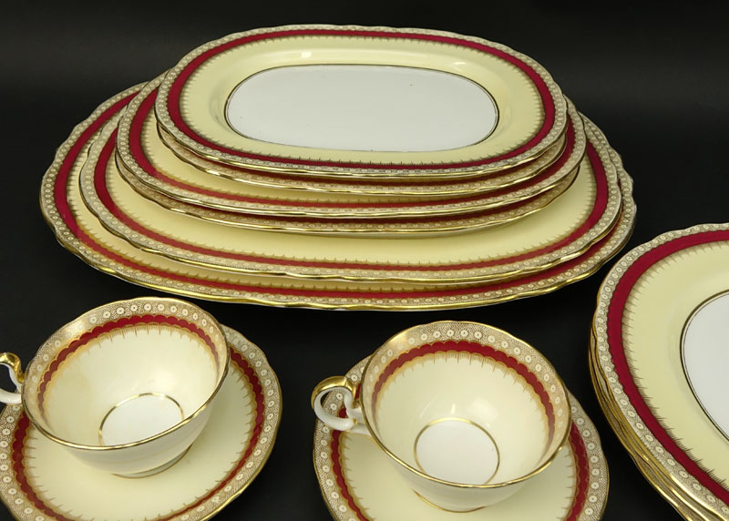 Thirty Two (32) Piece Aynsley Maroon and Gilt Porcelain Scalloped Edge Dinnerware