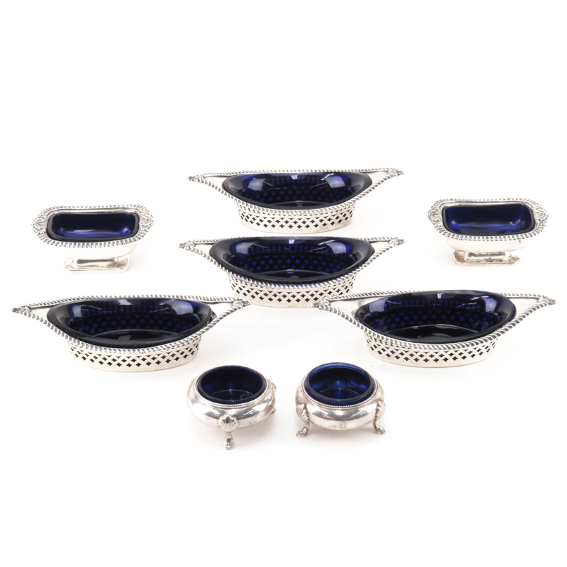 Grouping of Eight (8) English Silver Plated Cobalt Glass Lined Tableware