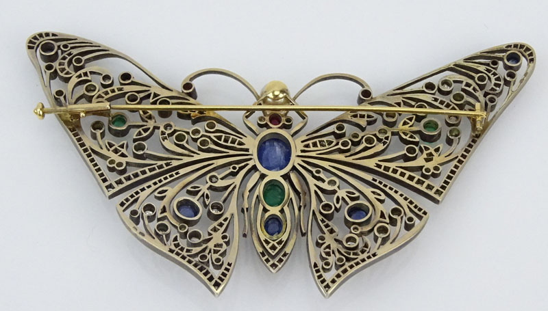 Large Art Nouveau style Diamond, Cabochon Sapphire, Emerald and Ruby, Pearl, 14 Karat Yellow Gold and Silver Butterfly Brooch