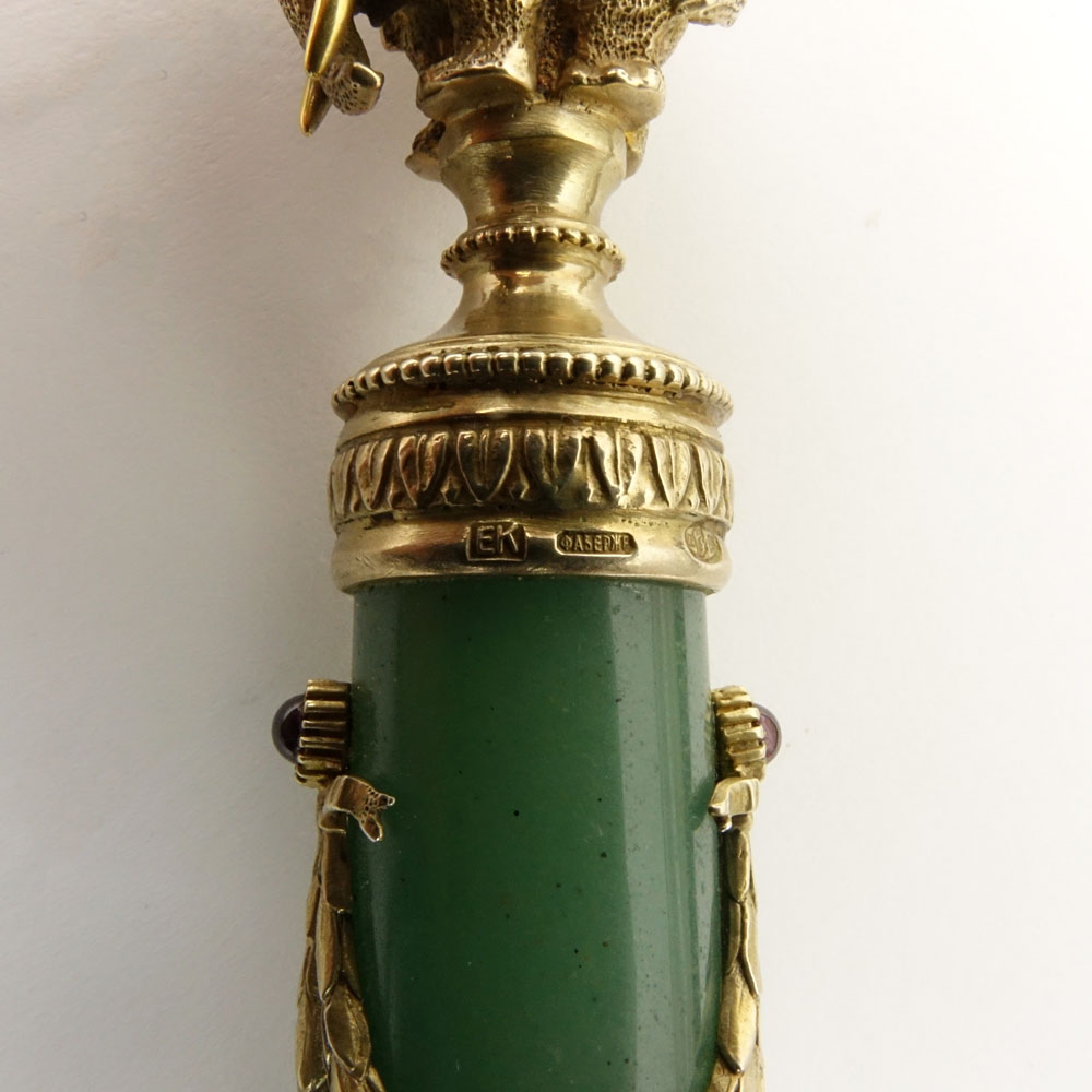 Early 20th Century Russian Gilt 88 Silver Mounted Nephrite Jade and Guilloche Enamel Magnifying Glass with Elephant Finial and with European and Rose Cut Diamond Accents in Fitted Box Signed Faberge