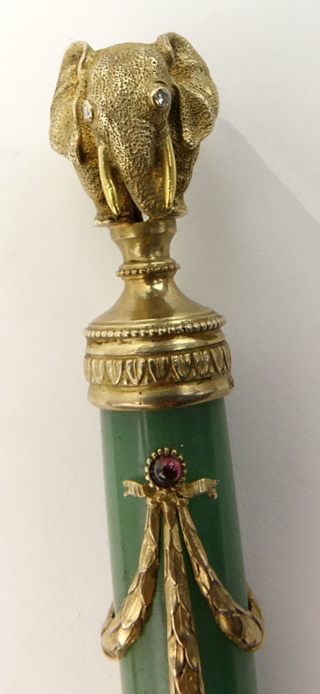 Early 20th Century Russian Gilt 88 Silver Mounted Nephrite Jade and Guilloche Enamel Magnifying Glass with Elephant Finial and with European and Rose Cut Diamond Accents in Fitted Box Signed Faberge