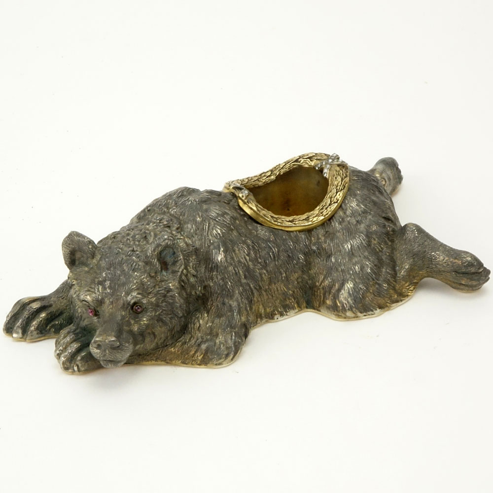 Early 20th Century Russian 88 Silver Recumbent Bear Figural Inkwell Accented with Small Rose Cut Diamonds in fitted box signed Faberge
