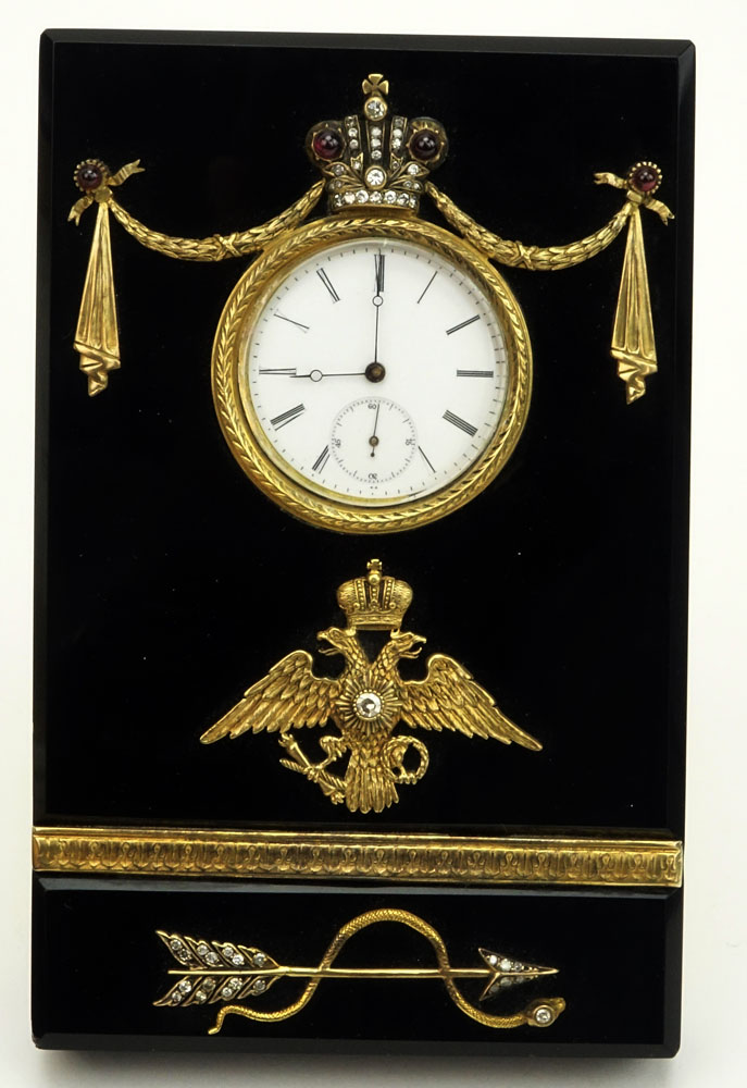 20th Century Russian 88 Gilt Silver Mounted Black Onyx Desk Clock accented with Rose Cut Diamonds and Cabochon Garnets in fitted box signed Faberge