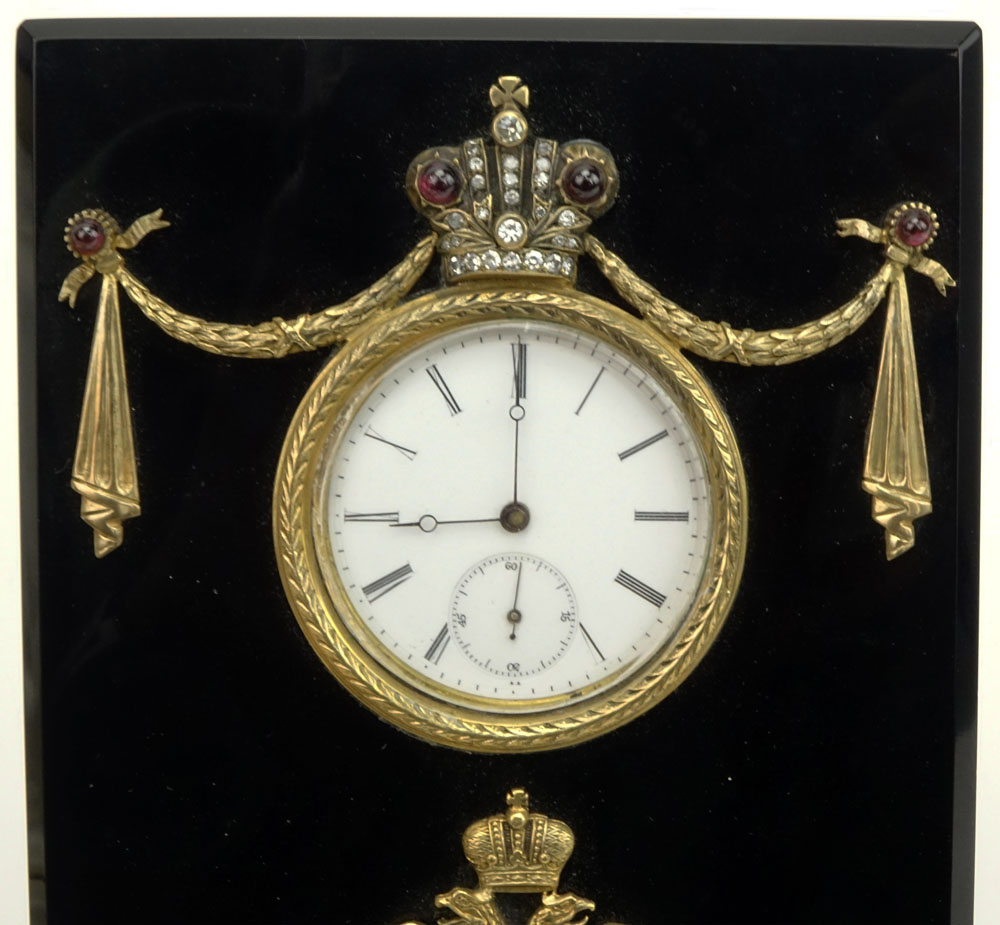 20th Century Russian 88 Gilt Silver Mounted Black Onyx Desk Clock accented with Rose Cut Diamonds and Cabochon Garnets in fitted box signed Faberge