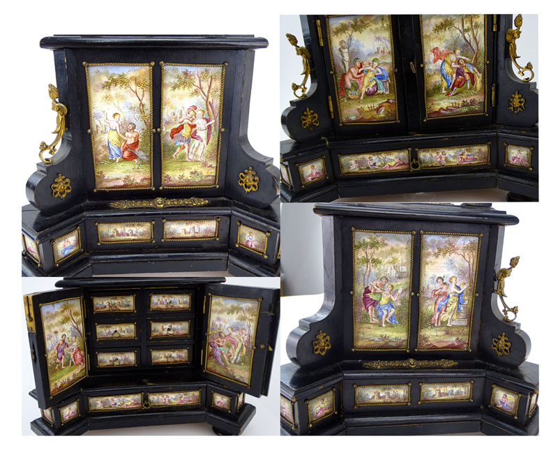 19/20th Century Bronze Mounted Renaissance style Ebonized Miniature Cabinet with Viennese Enamel Plaques