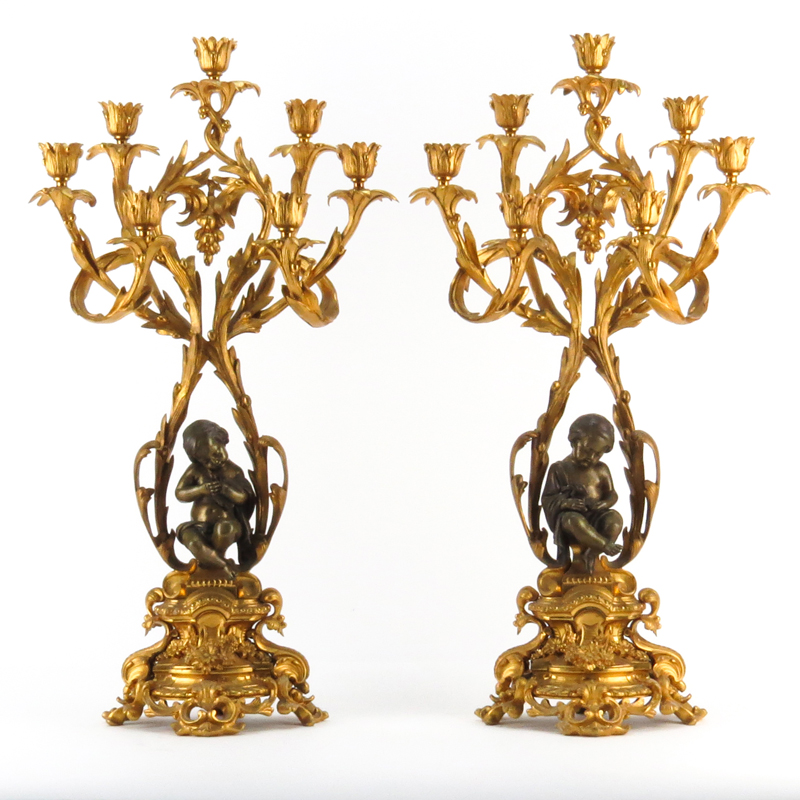 Pair of 19th Century Louis XV Style Seven Arm Gilt Bronze Candelabra