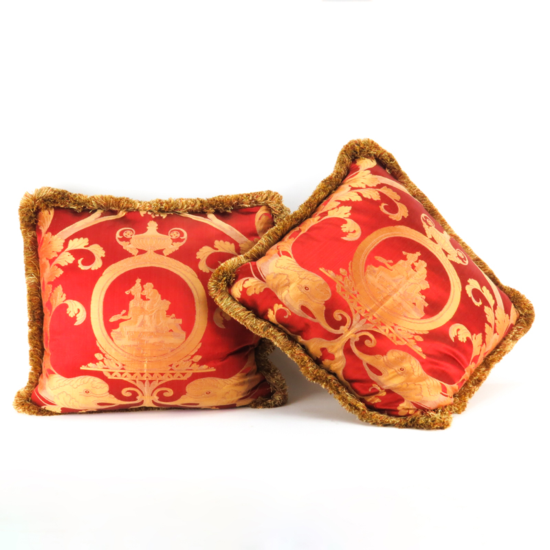 Two (2) Down Filled Silk Brocade Accent Pillows With Fringe