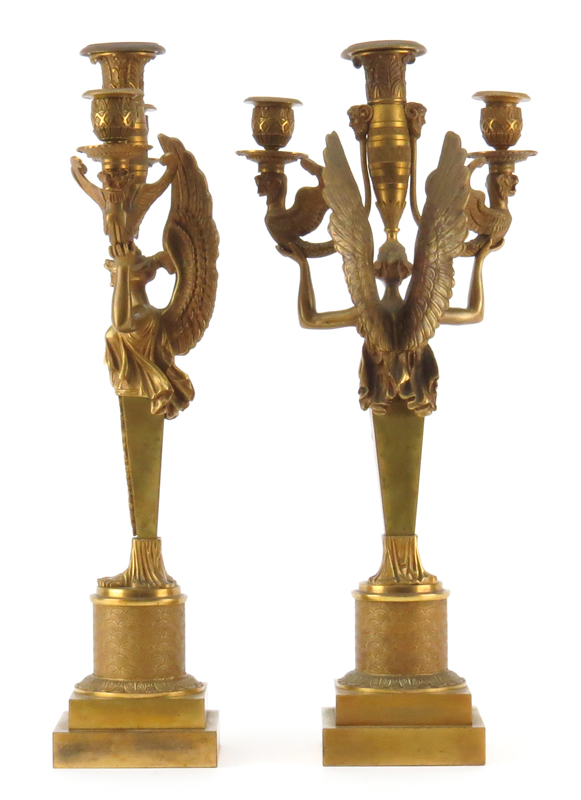 In the manner of Pierre Philippe Thomire, French (1751-1843) Pair of Early 20th Century French Empire Style Three Arm Gilt Bronze Candelabras