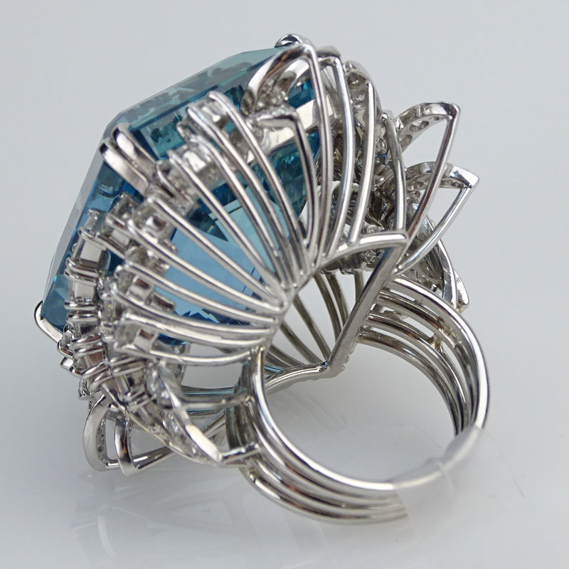  64.71 Carat Rectangular Cut Aquamarine, Diamond and Platinum Ring.
