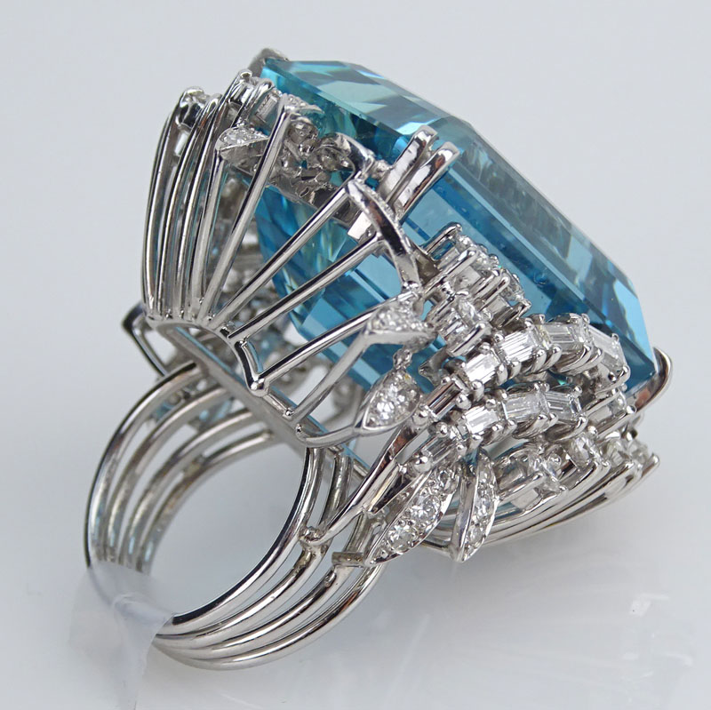  64.71 Carat Rectangular Cut Aquamarine, Diamond and Platinum Ring.