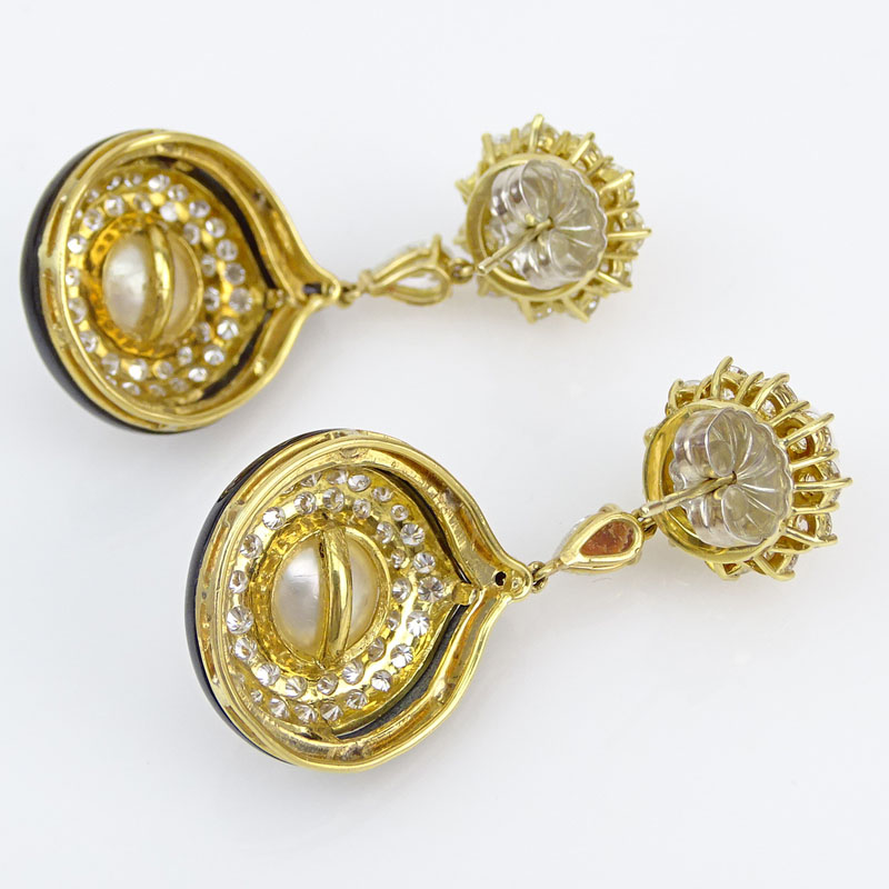7.0 Carat Round Brilliant Cut and Pear Shape Diamond, South Sea Pearl, Enamel and 18 Karat Yellow Gold Earrings. 