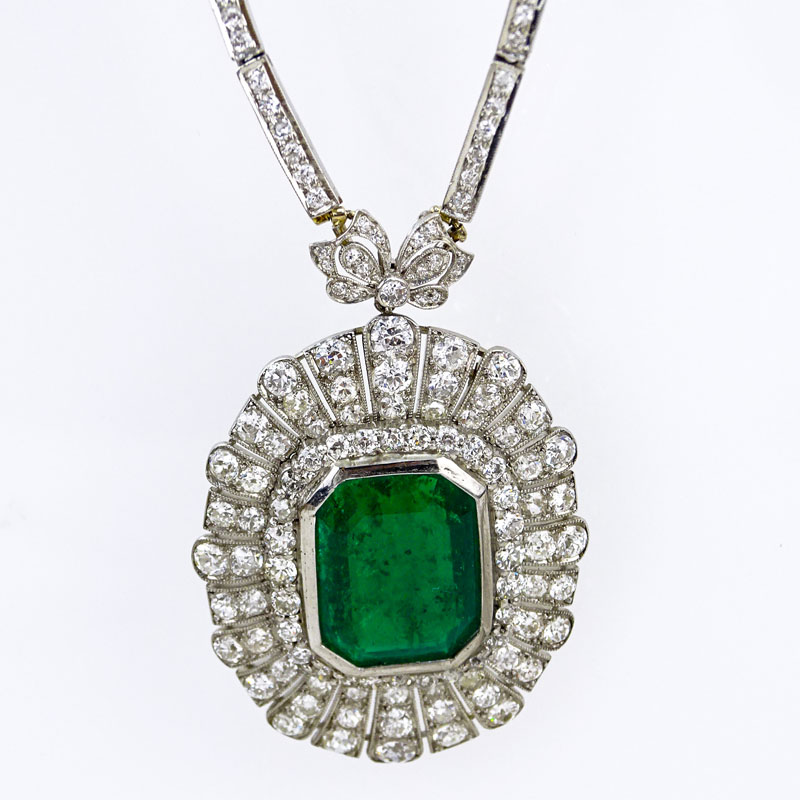 15.09 Carat Emerald Cut Colombian Emerald, 16.25 Carat Old European Cut Diamond and Platinum Pendant Necklace.