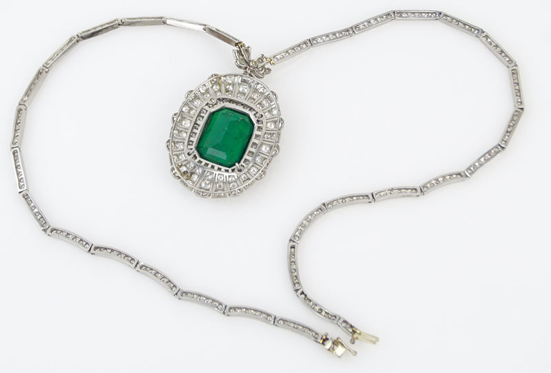 15.09 Carat Emerald Cut Colombian Emerald, 16.25 Carat Old European Cut Diamond and Platinum Pendant Necklace.