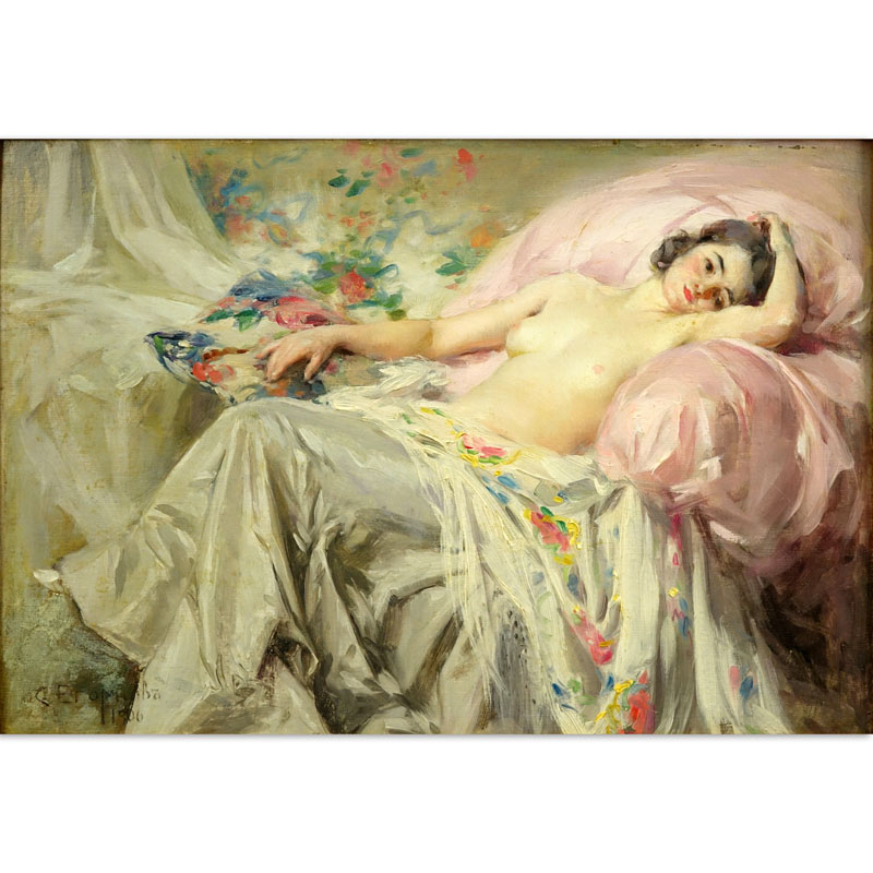Sergei Semenovitch Egornov, Russian (1860-1920) Oil on Artist Board, Reclining Nude
