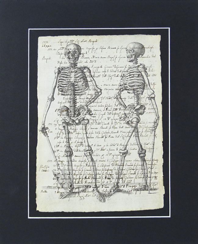 Three (3) 18th Century Manuscript Pages Decorated with Later Engravings "Skeleton"