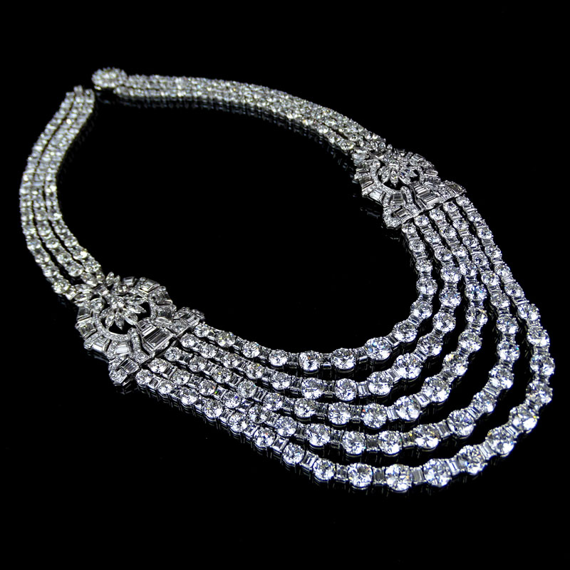 168.00 Carat Diamond and Platinum Necklace set with Old European Cut, Emerald Cut, Marquise Cut and Baguette Diamonds. 