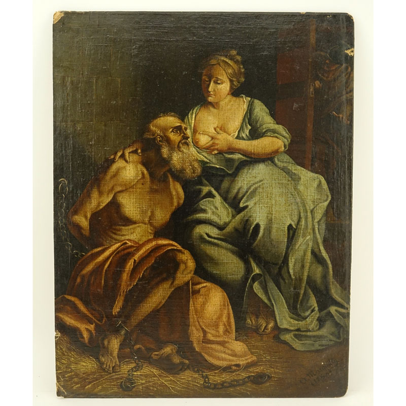 19th Century Oil On Canvas Laid Down On Cardboard "Roman Charity"
