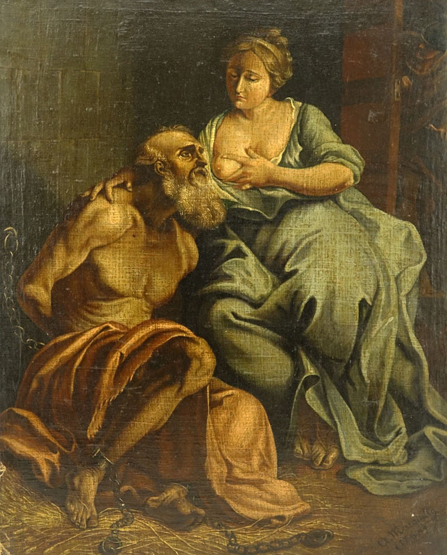 19th Century Oil On Canvas Laid Down On Cardboard "Roman Charity"