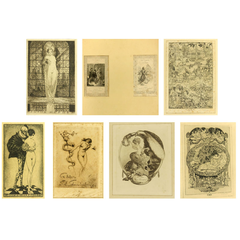 Collection of Eight (8) Antique Ex-libres Bookplate Engraving Etchings