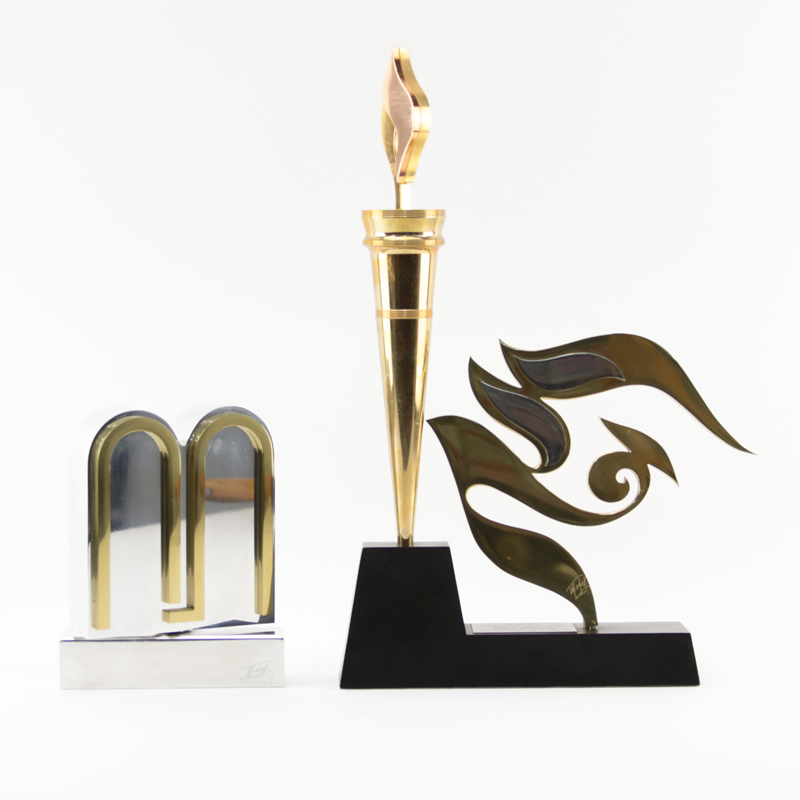 Grouping of Two (2) Modern Judaica Chrome and Brass Sculptures/Awards Signed Michel