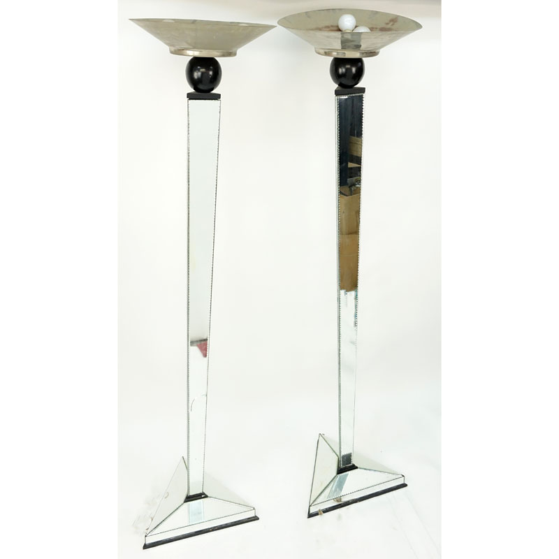 Pair of Art Deco Style Mirrored Torchieres With Wood Accents and Metal Shades