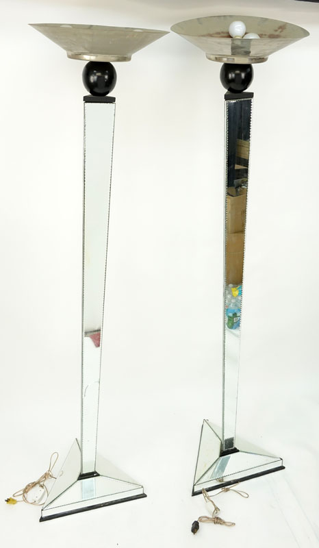 Pair of Art Deco Style Mirrored Torchieres With Wood Accents and Metal Shades