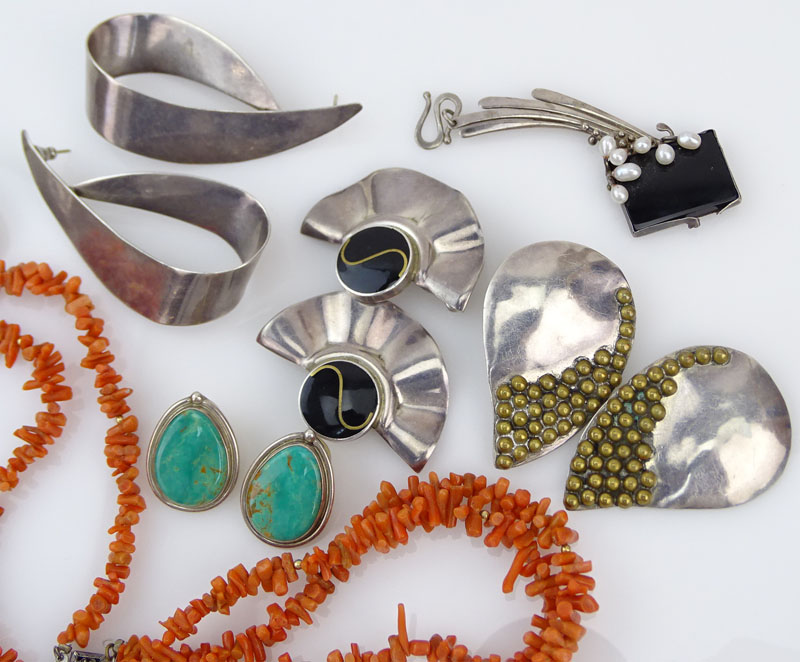 Twelve (12) Piece Vintage  Jewelry Lot Including; Three (3) Pair of Sterling Silver Earrings; A Pair of Sterling Silver and Turquoise Earrings; A Pair of Sterling Silver and Black Onyx Earrings; A Sterling Silver, Black Onyx and Pearl Pendant and A Double
