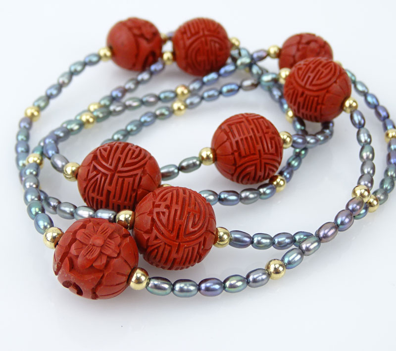 Two (2) Carved Carnelian Bead and Black Pearl Necklaces