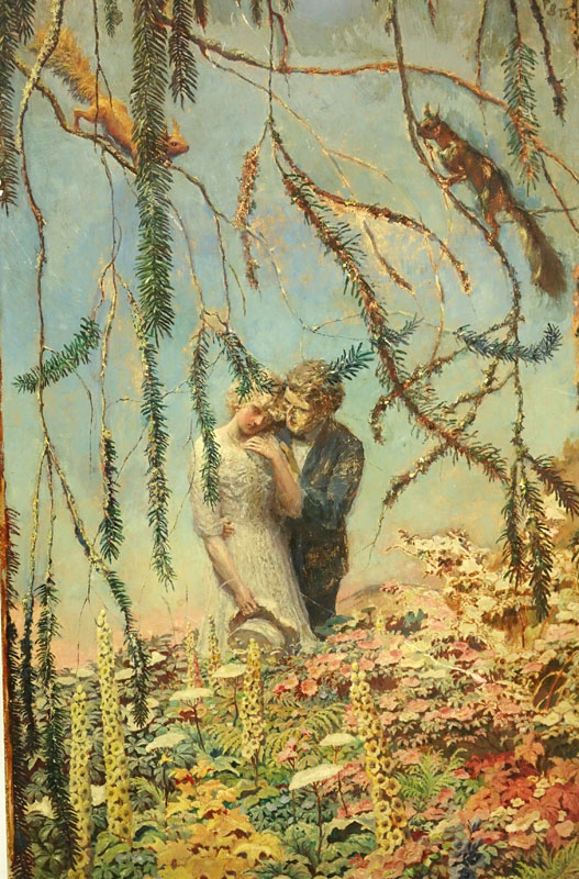 20th Century Oil On Board "Romantic Couple Amidst The Flowers"