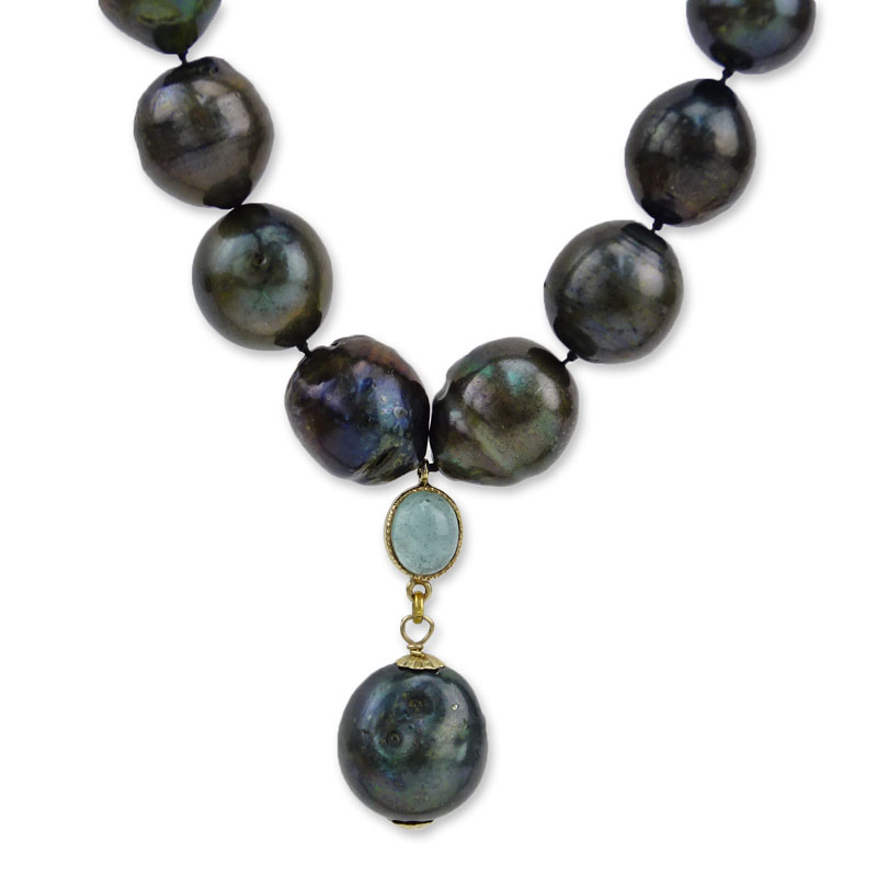 Single Strand Natural Black Tahitian Baroque Graduated Pearl Necklace with 14k Clasp