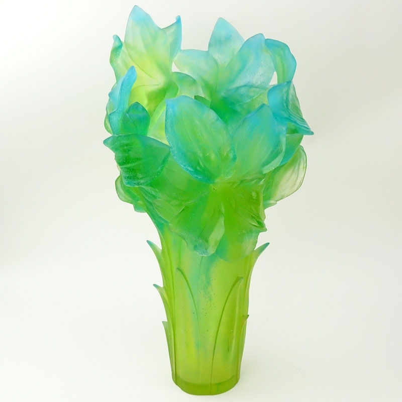 Daum Pate de Verre Green and Blue Amaryllis Vase