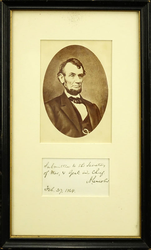 Antique Photograph of Abraham Lincoln with a separate hand written inscription "Submitted to the Secretary of War, & Genl in Chief