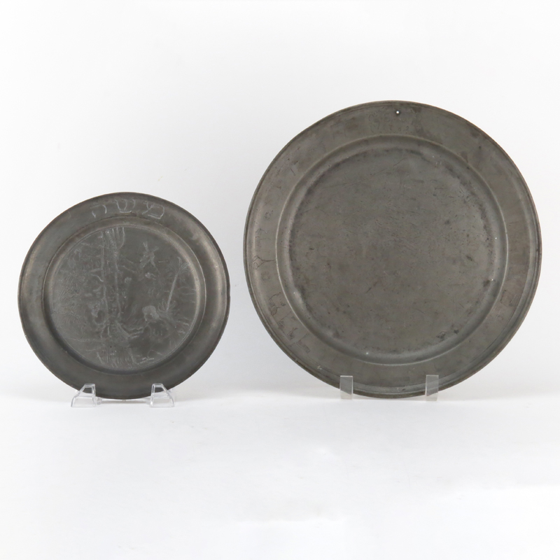 Two (2) 18th Century Judaica Pewter Plates