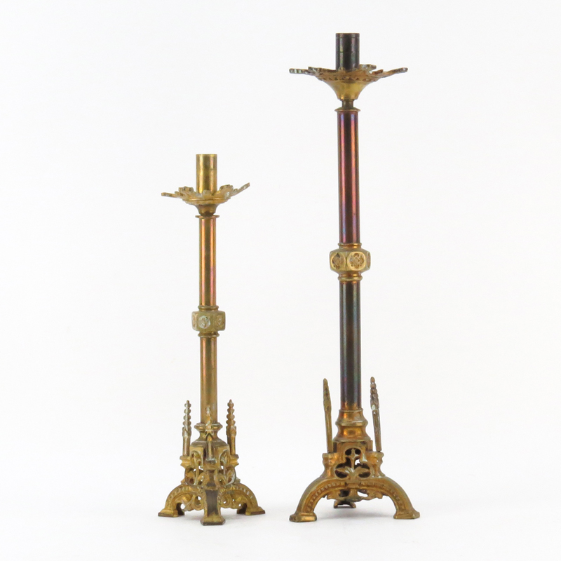 Pair of Antique Judaica Gothic Style Brass Candlesticks