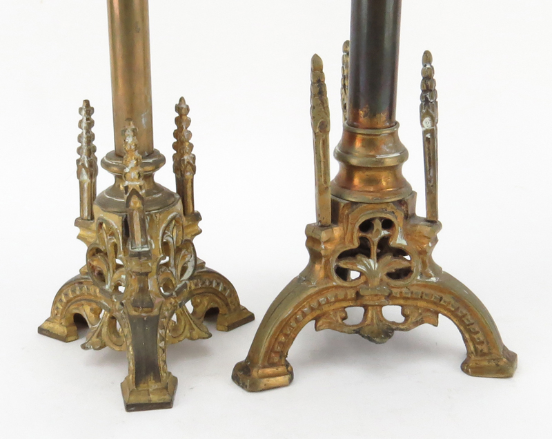Pair of Antique Judaica Gothic Style Brass Candlesticks