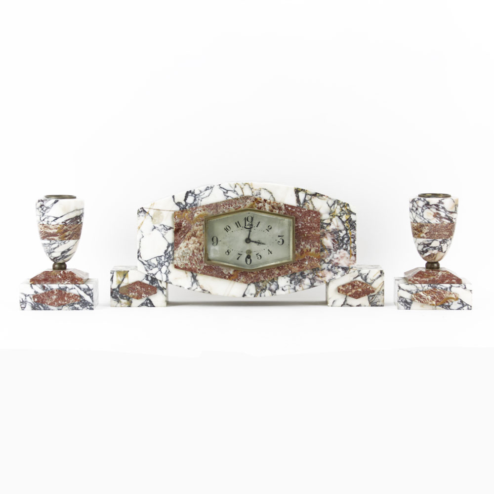 Art Deco UCRA Marble Clock Garniture Set. Chip to corner on 1 marble applied insert, loss to glass cover, 