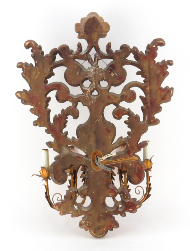Baroque style Carved Gilt Wood and Gilt Tole Four Light Sconce