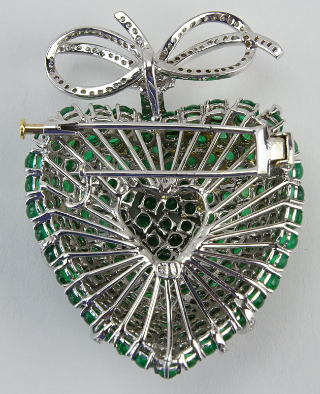 48.50 Carat Cabochon Emerald, 2.10 Carat Round and 18 Karat White Gold Heart Pendant/Brooch. 