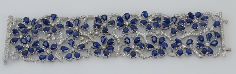 63.78 Carat Pear Shape Sapphire, 7.13 Carat Round Brilliant Cut Diamond and 18 Karat White Gold Bracelet. 