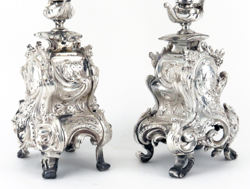 Pair of Ornate Rococo Style Silver Plate Five Light Candelabra