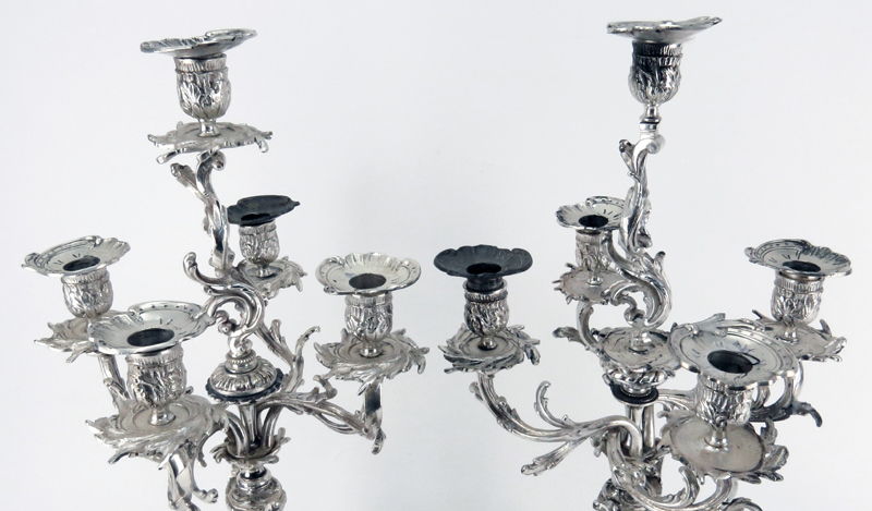 Pair of Ornate Rococo Style Silver Plate Five Light Candelabra