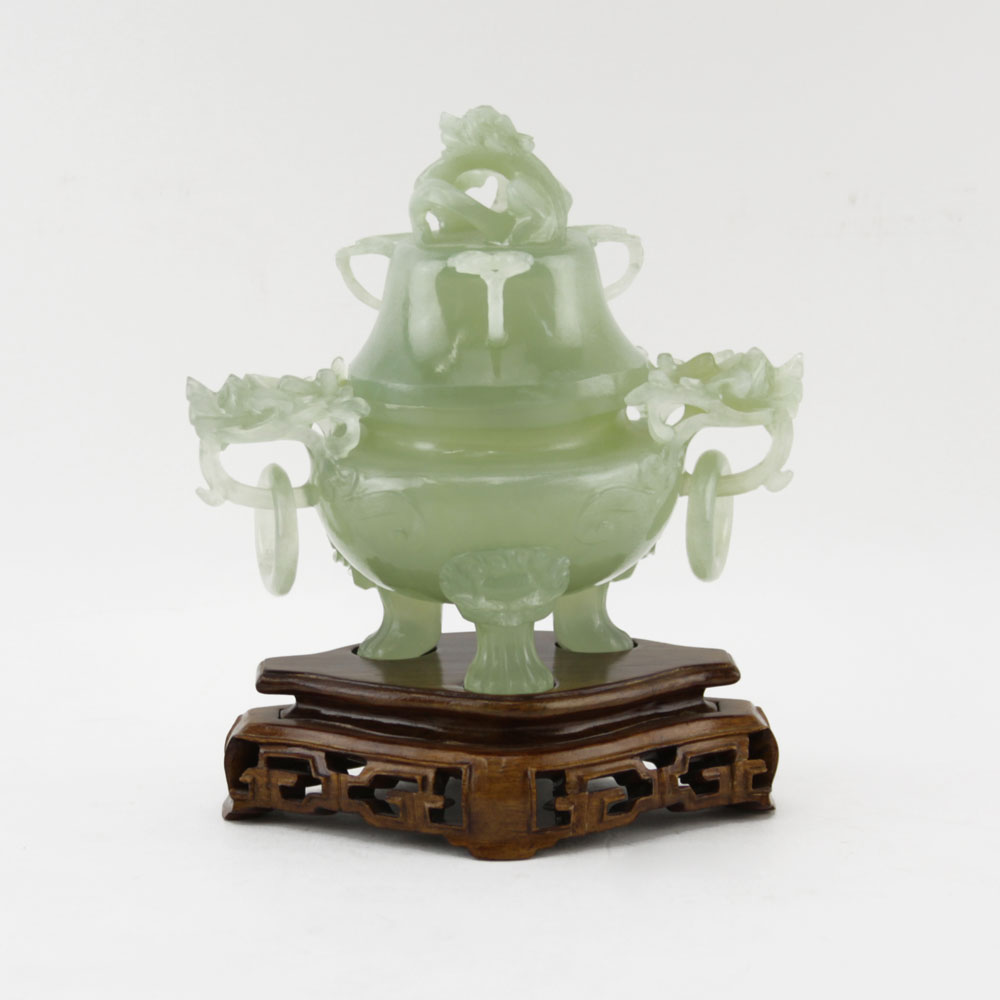 20th Century Chinese Carved Jade Covered Censer on Wooden Stand
