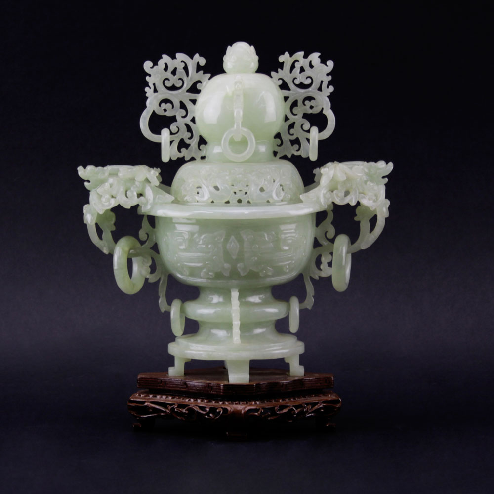 Chinese Carved Jade Reticulated Covered Urn on Wooden Stand