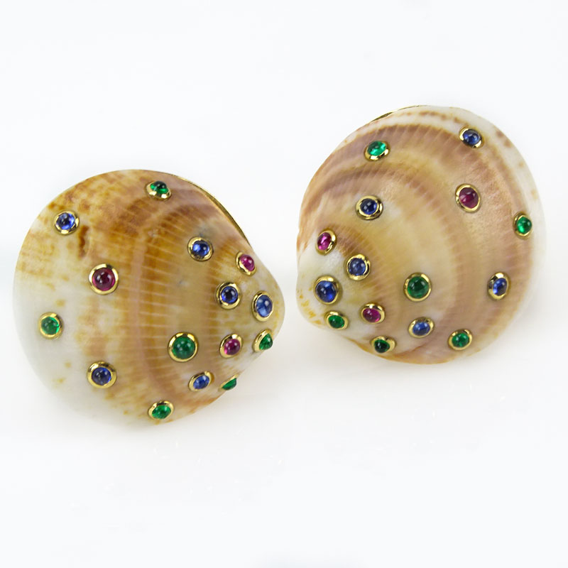 18 Karat Yellow Gold Mounted Sea Shell Earrings Accented with