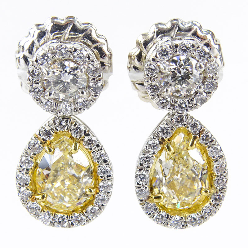 EGL Certified 2.03 Carat Pear Shape Fancy Light Yellow Diamond and Platinum Pendant Earrings