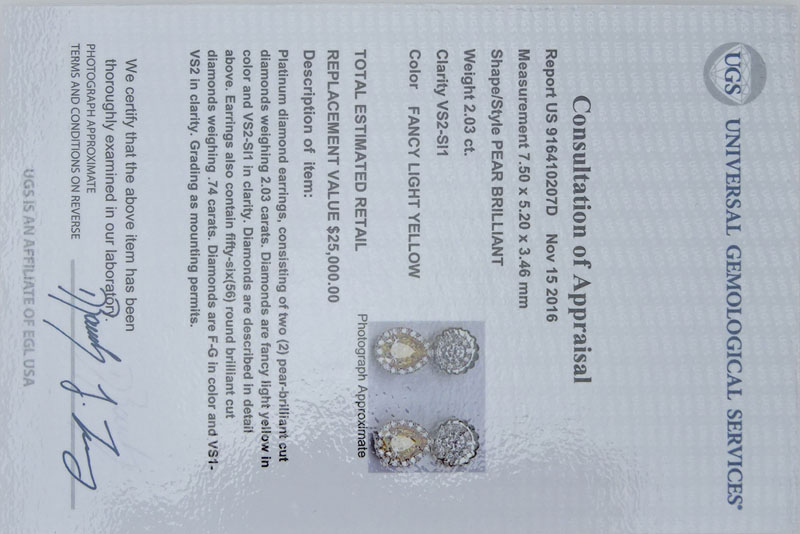 EGL Certified 2.03 Carat Pear Shape Fancy Light Yellow Diamond and Platinum Pendant Earrings